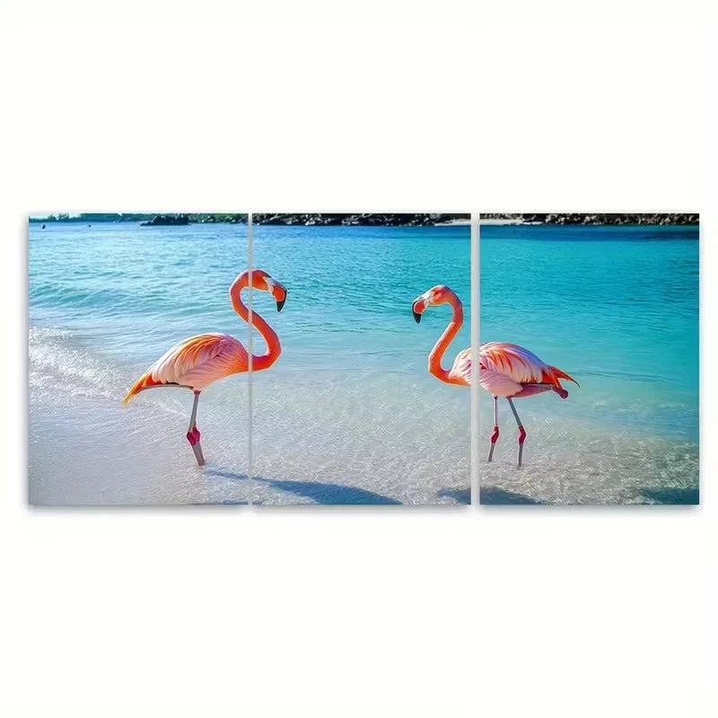 3pcs Pink Flamingo Beach Photography Wall Art Set Canvas Framed 50x70cm - High Quality Print 100% Australian Made Wall Canvas Ready to Hang