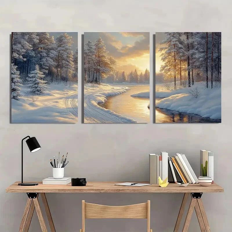 3pcs Winter Wonderland Snowy Forest & River Scene Metal Print Ready to Hang Art - Bella Home Decor