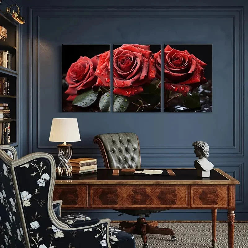 3pcs Set of Elegant Red Roses with Dew Drops Metal Print Ready to Hang Art - Bella Home Decor