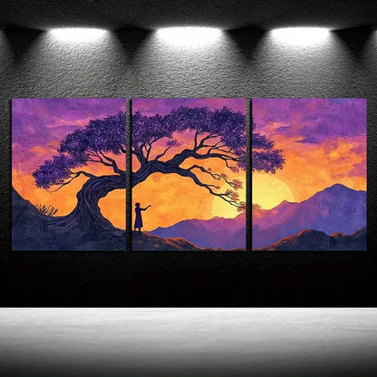 3pcs Sunset Tree Landscape, Purple Sky Metal Print Ready to Hang Art - Bella Home Decor