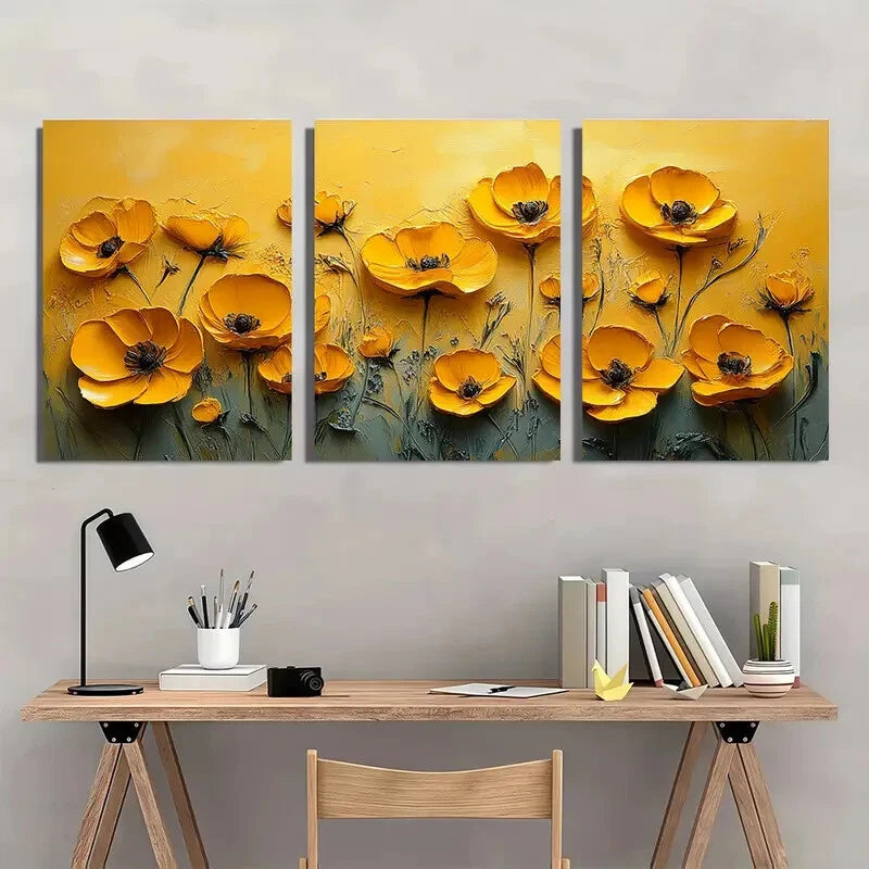 3pcs Yellow Wildflower Oil Small Impasto Art Metal Print Ready to Hang Art - Bella Home Decor