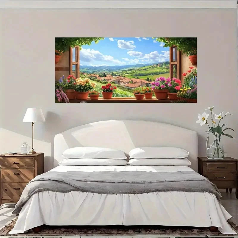 Floral Window View Modern Wall Art Canvas Office Home Room Framed 120x60cm