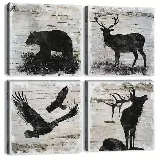4pcs Black Bear Deer Moose Elk Wall Art Canvas Framed