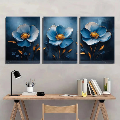 3pcs Modern Luxury Light Blue And Golden Abstract Metal Print Ready to Hang Art - Bella Home Decor