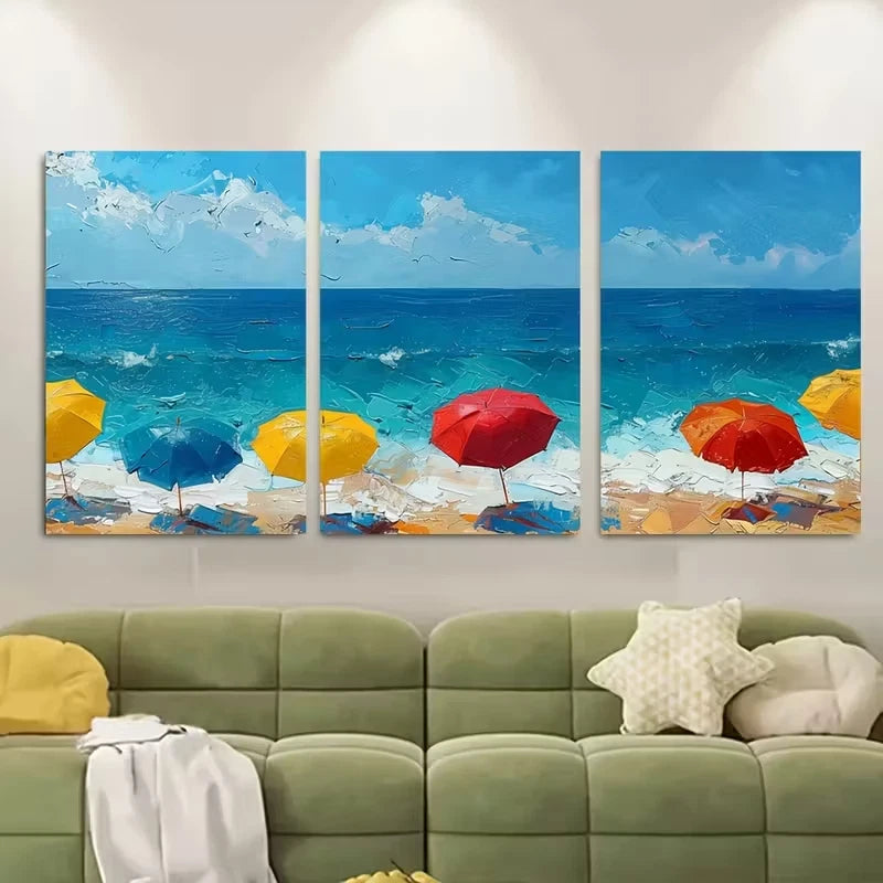 3pcs Beach Umbrella Ocean. Colorful Coastal Metal Print Ready to Hang Art - Bella Home Decor