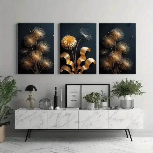3pcs Dandelion, Golden Leaves Wall Art Set Canvas Unframed – High Quality Print 100% Australian Made Wall Canvas - Bella Home Decor