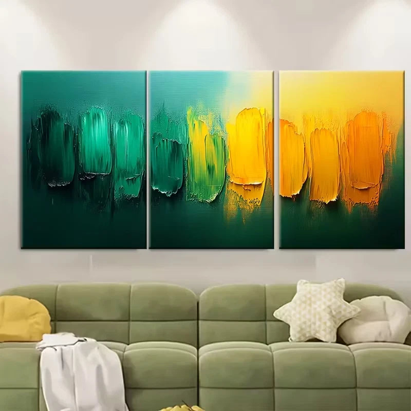 3pcs Abstract Brushstroke Green Yellow Minimalist Metal Print Ready to Hang Art