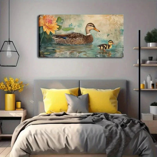 Duck and Lily Pad Minimalist Wall Art Canvas Office Home Room Framed 120x60cm