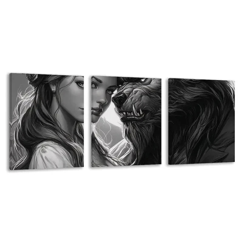3pcs Beautiful Girl and a Werewolf Decor    Wall Art Set Canvas Framed 60x90cm - High Quality Print 100% Australian Made Wall Canvas Ready to Hang - Bella Home Decor