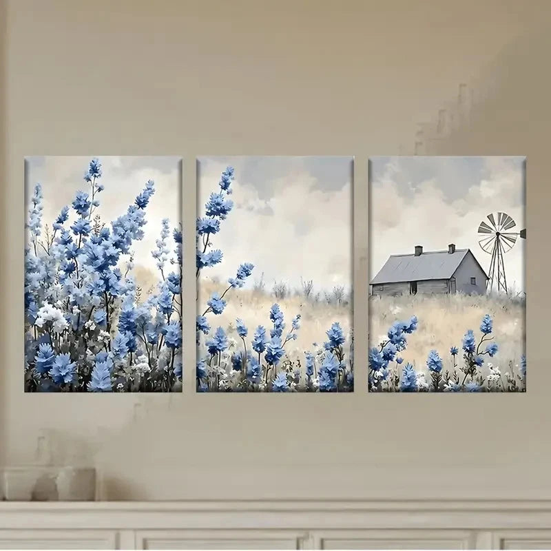 3pcs a painting of a house in a field Wall Art Set Canvas Framed 40x60cm - High Quality Print 100% Australian Made Wall Canvas Ready to Hang - Bella Home Decor