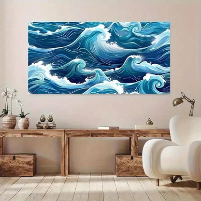 Blue and White Wave Winter wall canvas office home room framed 120x60cm - Bella Home Decor