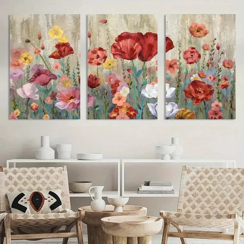 3pcs Elegant Floral Red Yellow Pink Blossom Metal Print Ready to Hang Art - Bella Home Decor