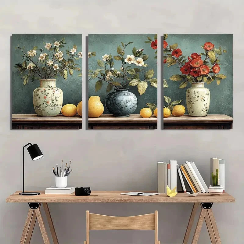3pcs Antique Vase & Botanical Illustration Metal Print Ready to Hang Art - Bella Home Decor
