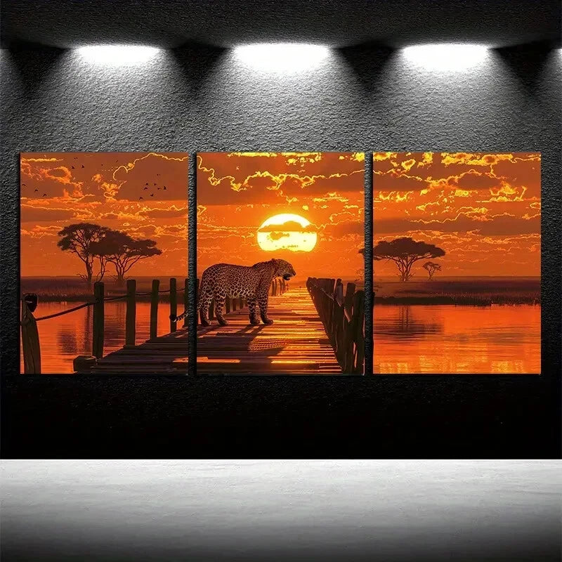 3pcs Leopard Sunset Tropical Savanna Metal Print Ready to Hang Art - Bella Home Decor