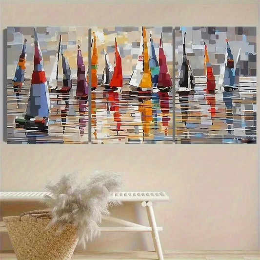 3pcs Colorful Sailboats Reflection Wall Art Set Canvas Framed 50x70cm - High Quality Print 100% Australian Made Wall Canvas Ready to Hang