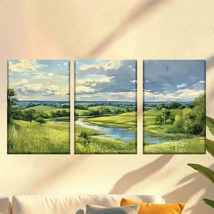 3pcs Painting of a River in a Field Wall Art Set Canvas Framed 40x60cm - High Quality Print 100% Australian Made Wall Canvas Ready to Hang