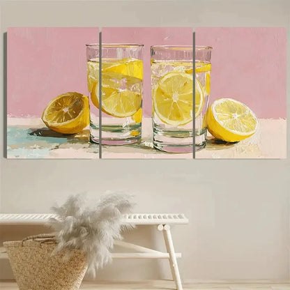 3pcs Lemonade Glasses Light Pink Kitchen Art Wall Art Set Canvas Framed 60x90cm - High Quality Print 100% Australian Made Wall Canvas Ready to Hang