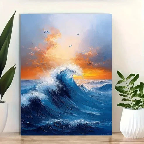 Beautiful Abstract Blue Ocean Vibrant Sunset Painting 60x90cm Metal Print Ready to Hang