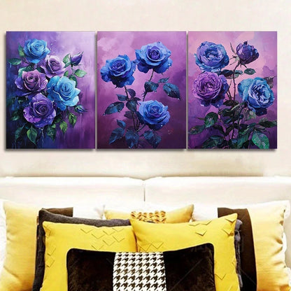 3pcs Vibrant Blue & Purple Roses with Green Leaves Metal Print Ready to Hang Art