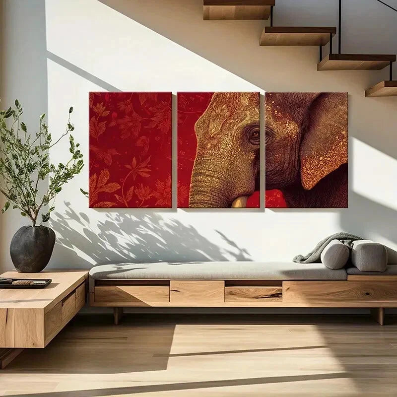 3pcs Elephant Art Intricate Design Golden Details Metal Print Ready to Hang Art - Bella Home Decor