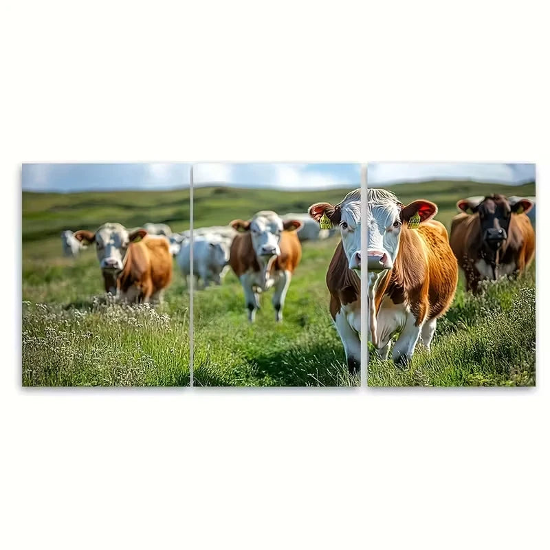 3pcs Rustic Farmhouse Grazing Cows Metal Print Ready to Hang Art