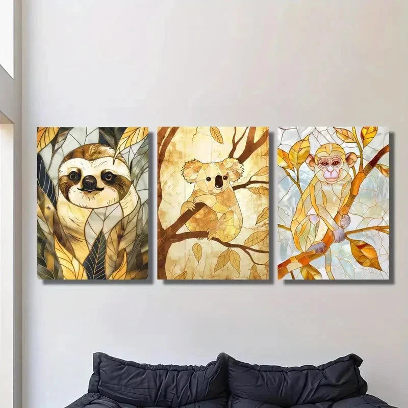 3pcs Vibrant Sloth Koala and Monkey Designs Metal Print Ready to Hang Art