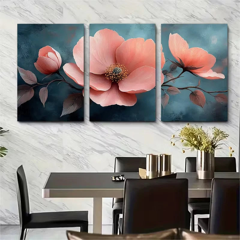 3pcs Elegant Pink Floral Metal Print Ready to Hang Art