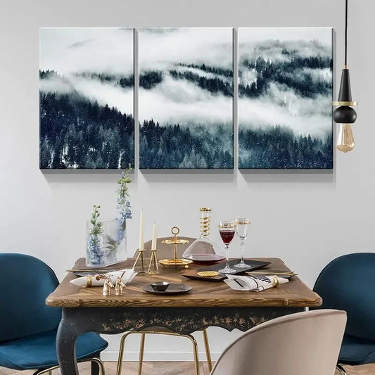 3pcs Winter Misty Forest Landscape PaintingMetal Print Ready to Hang Art
