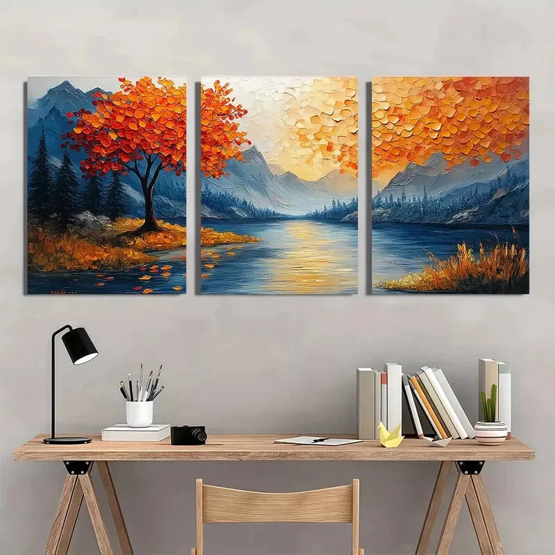 3pcs Boho Mountain River Landscape Forest Scene Metal Print Ready to Hang Art - Bella Home Decor