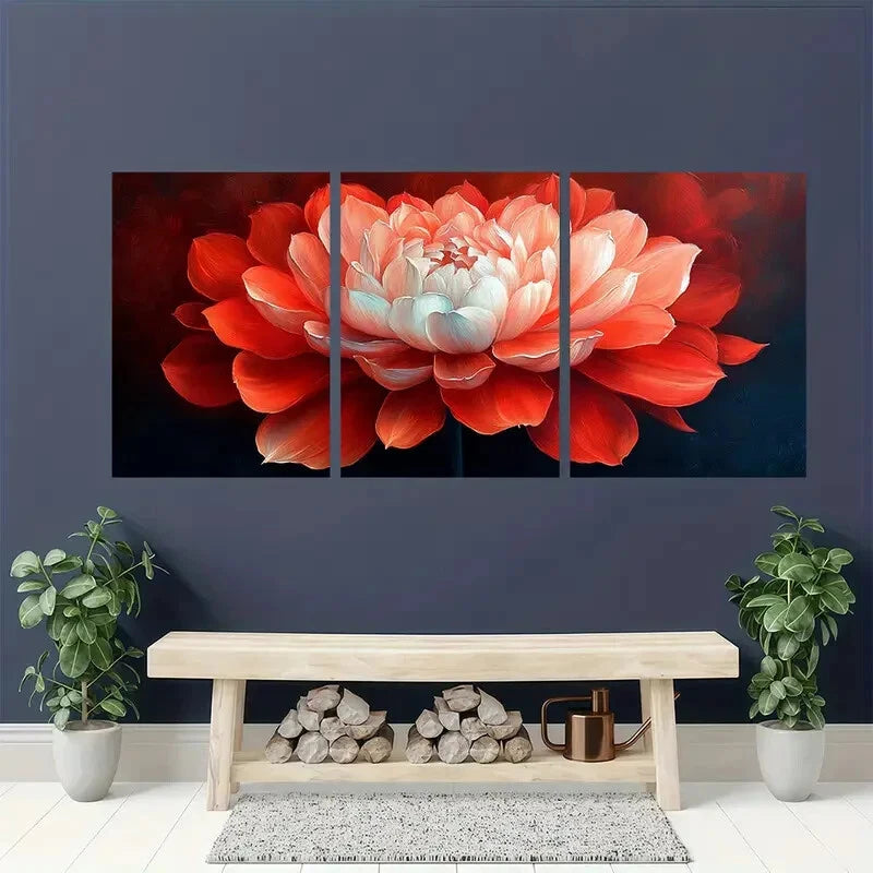 3pcs Vibrant Red & White Floral Oil Painting Metal Print Ready to Hang Art