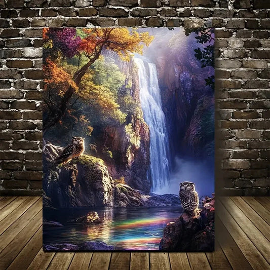 Beautiful Surreal Owl Trio by Waterfall Painting 40x60cm Metal Print Ready to Hang - Bella Home Decor