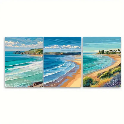 3pcs Woolacombe Travel Beach Illustration  Wall Art Set Canvas Unframed - High Quality Print 100% Australian Made Wall Canvas