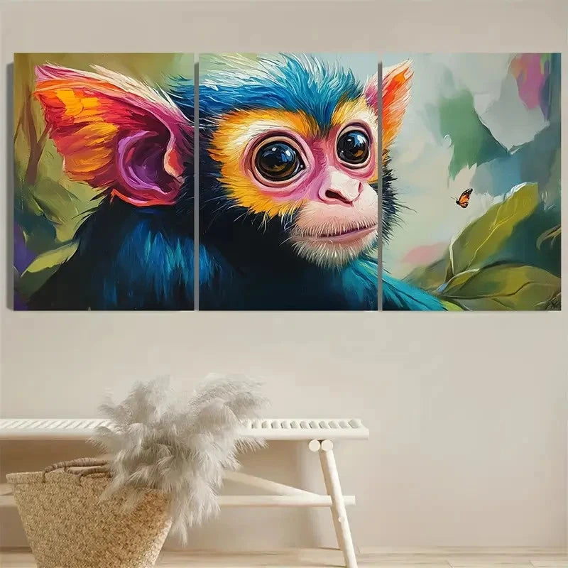 3pcs Vibrant Curious Monkey & Butterfly Canvas Wall Art Set Canvas Framed 50x70cm - High Quality Print 100% Australian Made Wall Canvas Ready to Hang - Bella Home Decor
