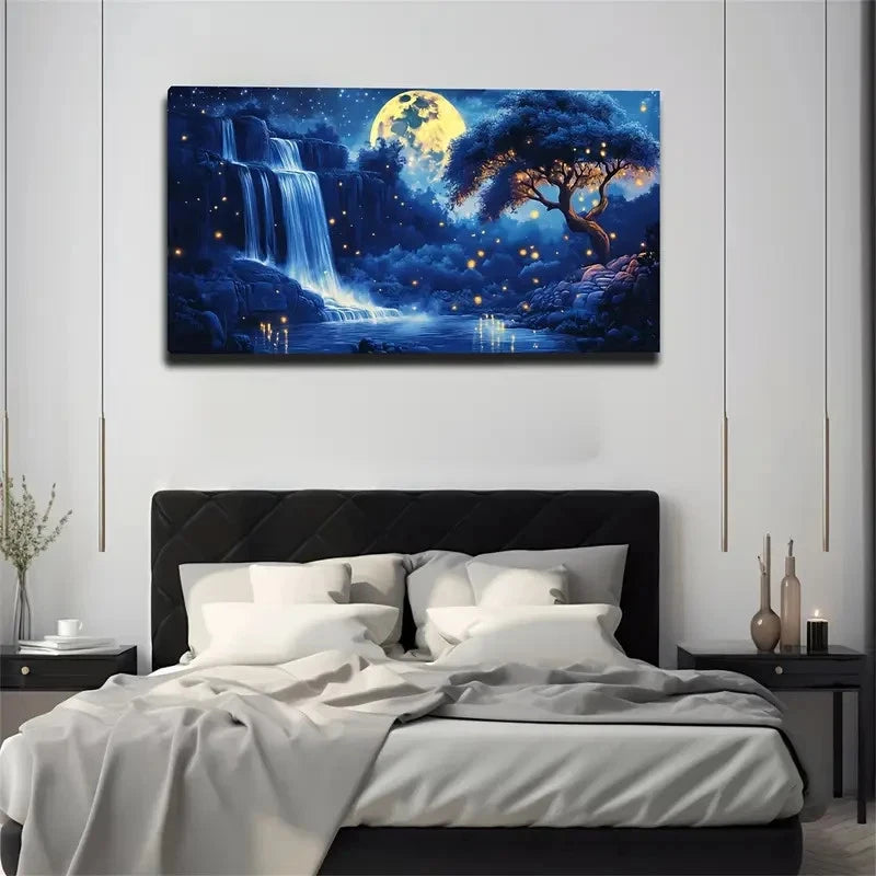 The Waterfall At Night Has Many Wall Art Canvas Office Home Room Framed 120x60cm