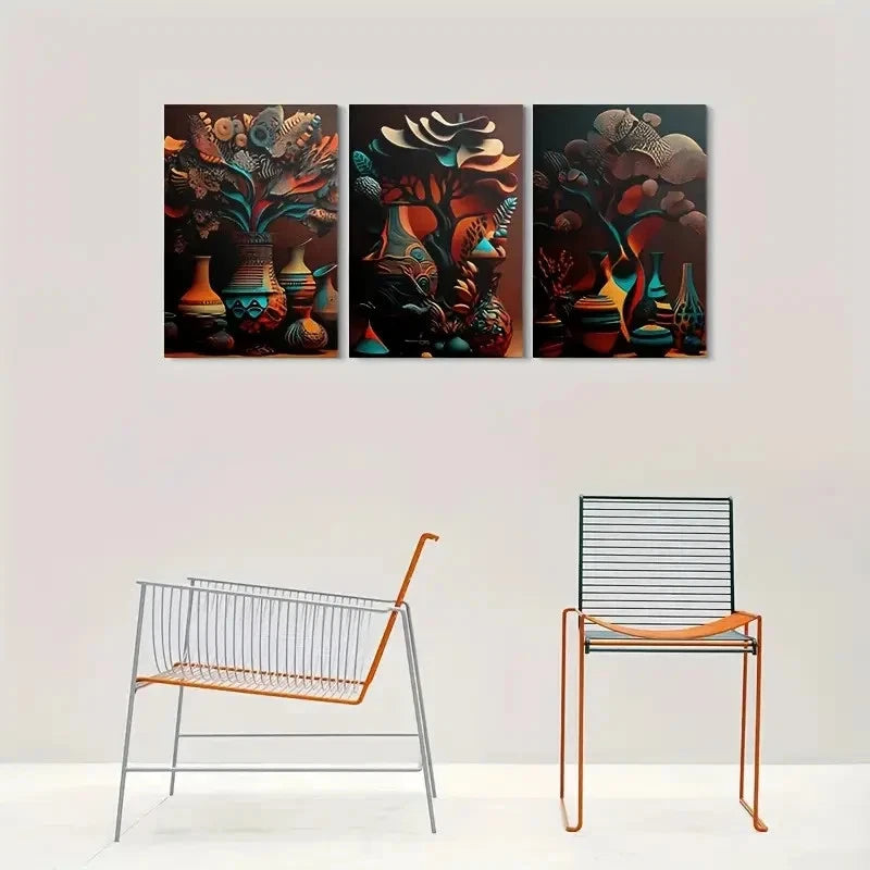 3pcs Abstract Floral & Vase Design Metal Print Ready to Hang Art - Bella Home Decor