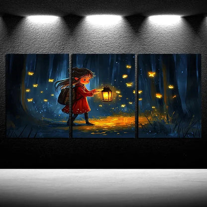 3pcs Girl in the forest with Lamp, Fireflies View Metal Print Ready to Hang Art - Bella Home Decor