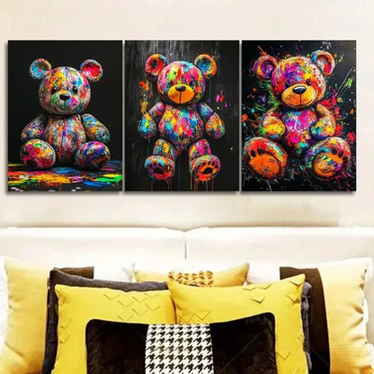 3pcs Colorful teddy bear graffiti Painting Wall Art Set Canvas Unframed - High Quality Print 100% Australian Made Wall Canvas