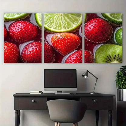 3pcs Fresh Fruit Drink Cherry Strawberry Lime Kiwi Metal Print Ready to Hang Art - Bella Home Decor