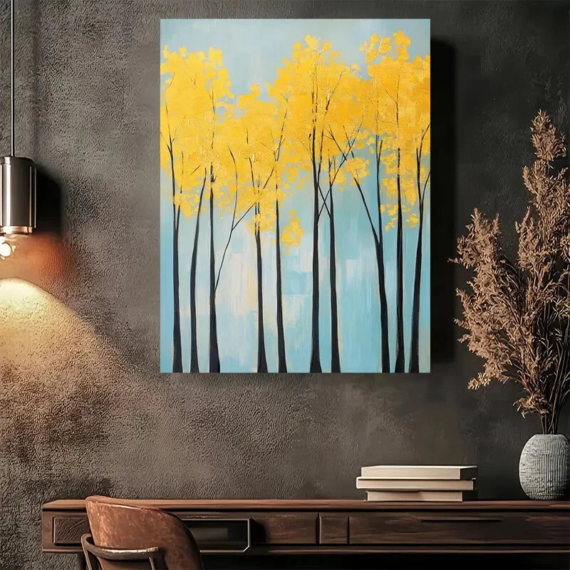 Beautiful Abstract Yellow Trees Modern Painting 40x60cm Metal Print Ready to Hang - Bella Home Decor