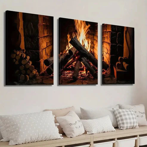 3pcs Wood Burning in Country Cottage Fireplace Wall Art Set Canvas Unframed - High Quality Print 100% Australian Made Wall Canvas
