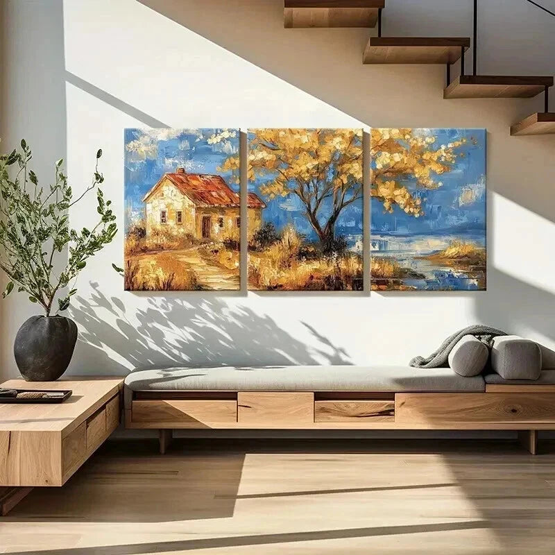3pcs Autumn Cottage Golden Tree Serene Landscape Wall Art Set Canvas Framed 50x70cm - High Quality Print 100% Australian Made Wall Canvas Ready to Hang - Bella Home Decor