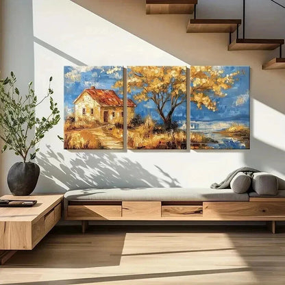3pcs Autumn Cottage Golden Tree Serene Landscape Wall Art Set Canvas Framed 50x70cm - High Quality Print 100% Australian Made Wall Canvas Ready to Hang - Bella Home Decor