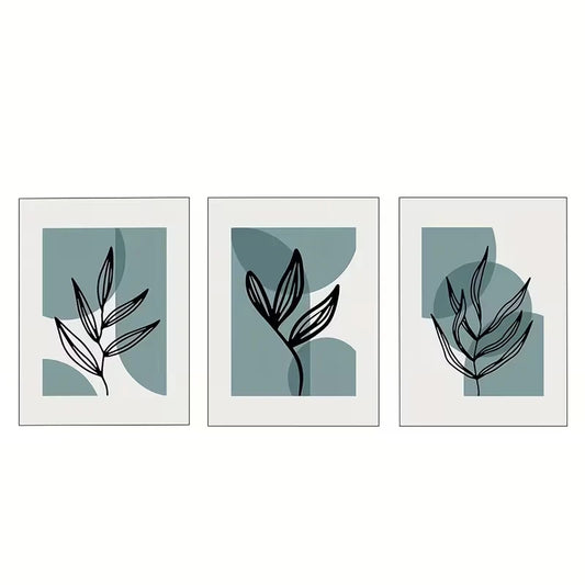 3pcs Leaf Plant Line Blue and Gray     Wall Art Set Canvas Framed 60x90cm - High Quality Print 100% Australian Made Wall Canvas Ready to Hang
