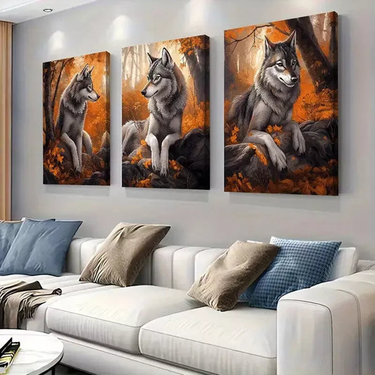 3pcs Autumn Majestic Wolves in ForestWall Art Set Canvas Framed 50x70cm - High Quality Print 100% Australian Made Wall Canvas Ready to Hang