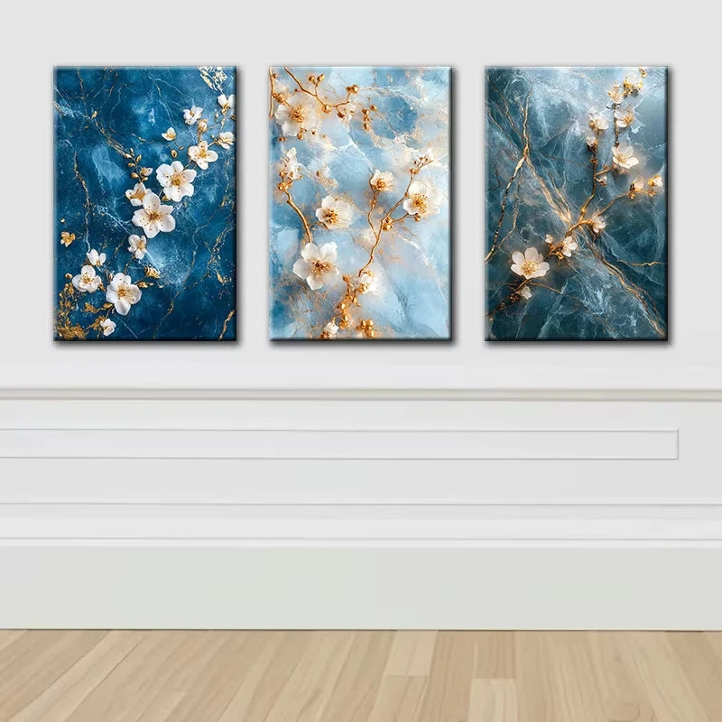 3pcs Blue, White & Golden Flowers Wall Art Set Canvas Framed 50x70cm - High Quality Print 100% Australian Made Wall Canvas Ready to Hang - Bella Home Decor