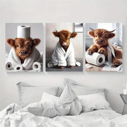 3pcs Cartoon Animal Highland Cow Art Prints Set Metal Print Ready to Hang Art - Bella Home Decor