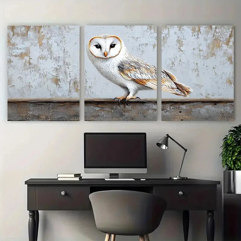 3pcs White Barn Owl Birds Rustic Design Metal Print Ready to Hang Art - Bella Home Decor