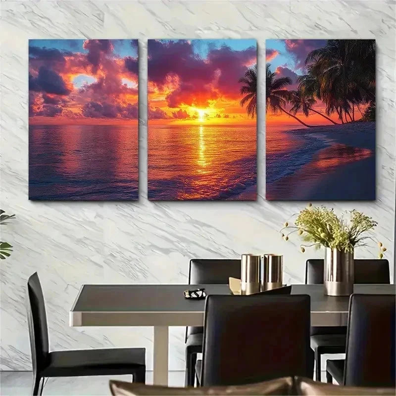 3pcs Tropical Beach Sunset Perfect Wall Art Set Canvas Framed 50x70cm - High Quality Print 100% Australian Made Wall Canvas Ready to Hang