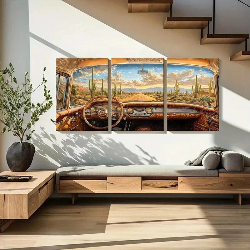 3pcs Desert Landscape Vintage Car Blue Sky Metal Print Ready to Hang Art - Bella Home Decor