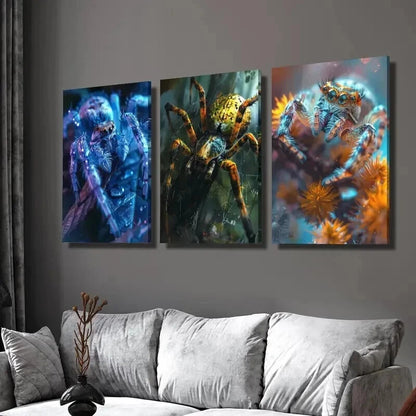 3pcs Blue Orange Illusion Spider Wall Art Set Canvas Framed 50x70cm - High Quality Print 100% Australian Made Wall Canvas Ready to Hang